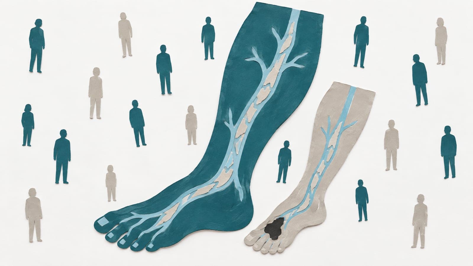 A dark blue-green leg with intact skin sits beside a smaller gray leg with a foot wound, both showing narrowed arteries, surrounded by upright figures.