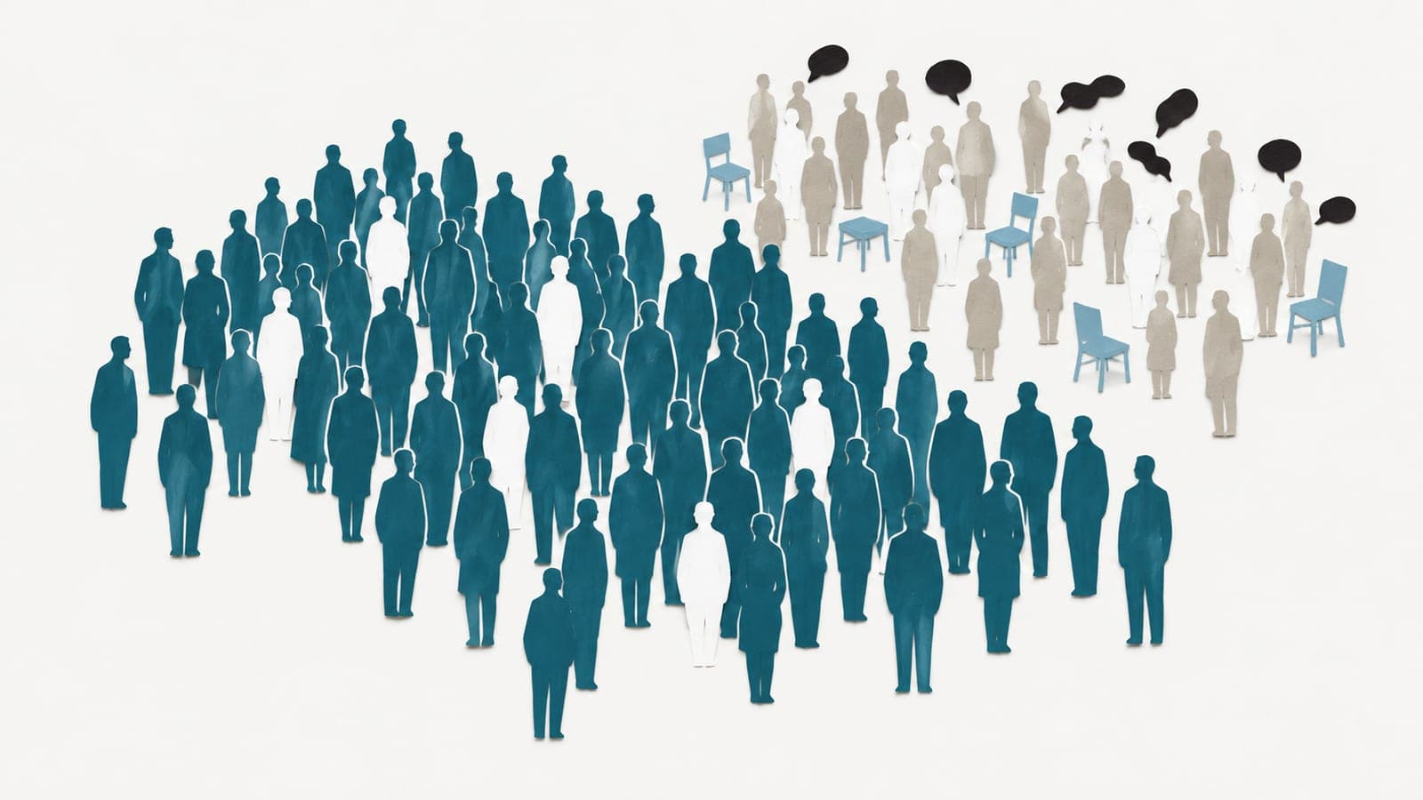 Upright people form a dense dark blue-green group and a sparse gray group with more white silhouettes, surrounded by chairs and speech bubbles.