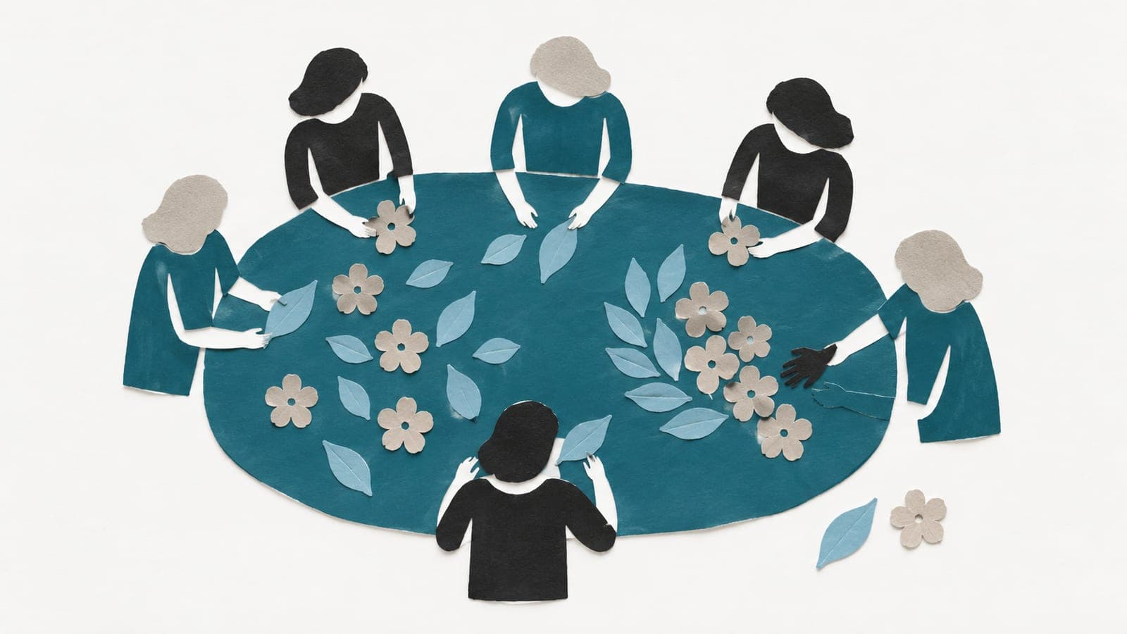 Faceless adults gather around a table with scattered leaves and flowers on one side and matching groups beside a gray-haired participant on the other.