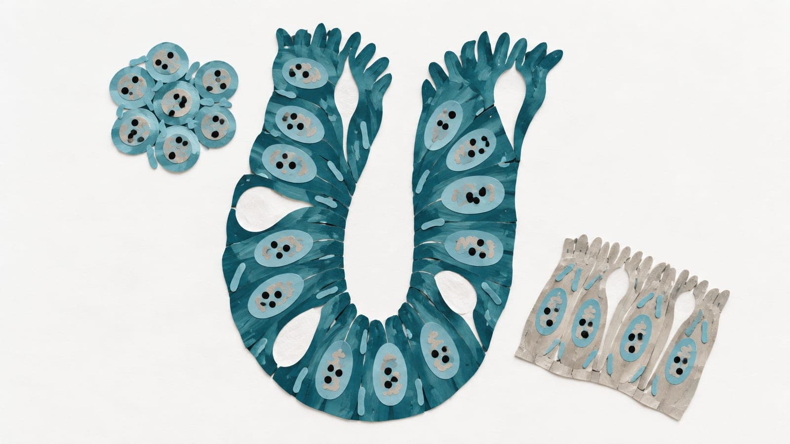 Colon lining and a nearby embryonic cell cluster share grouped DNA marks, beside a smaller gray tissue patch with differently spaced marks.