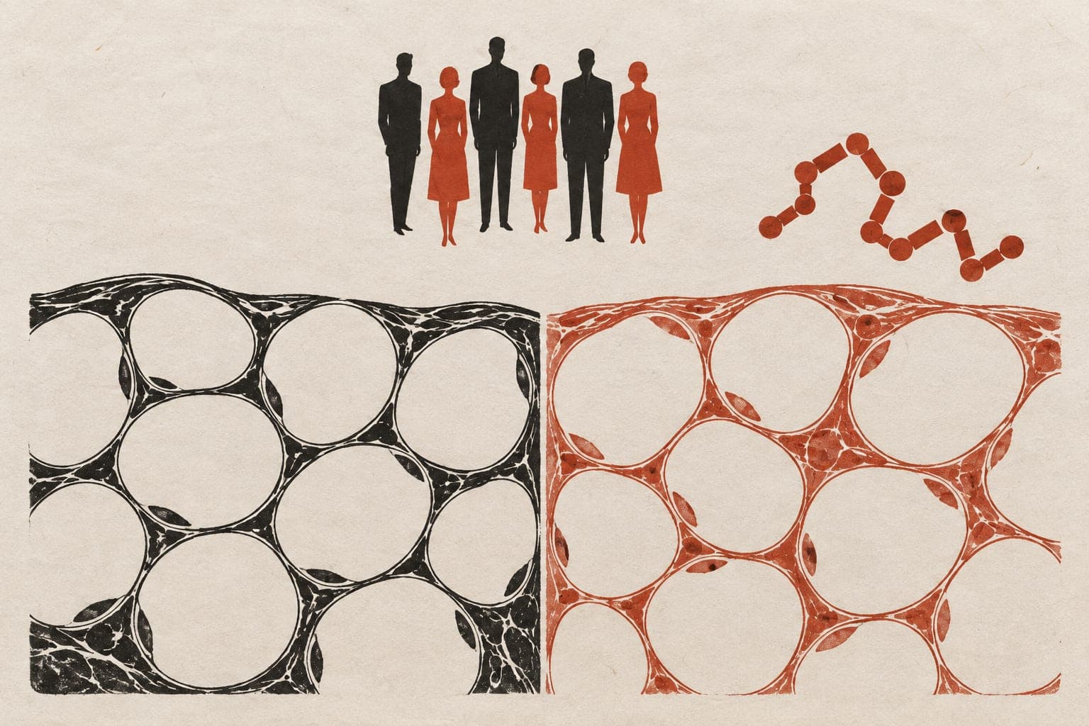 Adipose tissue sections with similarly large, tightly packed fat cells sit beneath upright adult figures and a peptide chain above the right section.