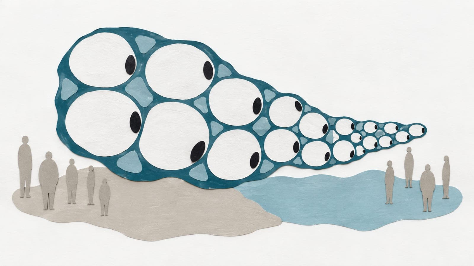 Fat tissue tapers from large, swollen cells to smaller cells, with dark nuclei along their edges and small upright human figures gathered below.
